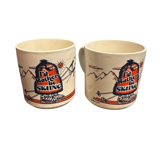Vintage 1978 “I’d Rather Be Skiing” USA Souvenir Mug Coffee Mug Cup Set of 2 - Picture 1 of 6